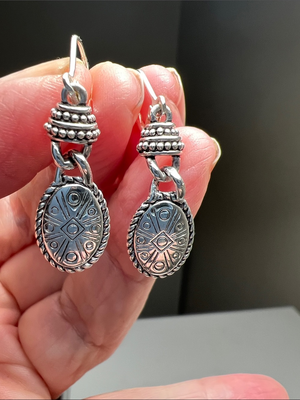 Sterling-Inspired Oval Medallion Drop Earrings - Silver Tone - Vintage